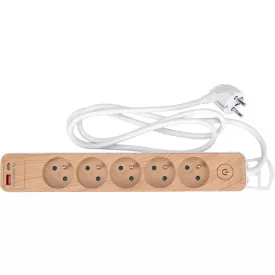   STHOR 72344 Fa hatású elosztó földeléssel, 5 aljzattal, USB-vel, 1,4 m kábellel (3x1 mm²)