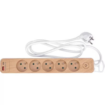 STHOR 72344 Fa hatású elosztó földeléssel, 5 aljzattal, USB-vel, 1,4 m kábellel (3x1 mm²)