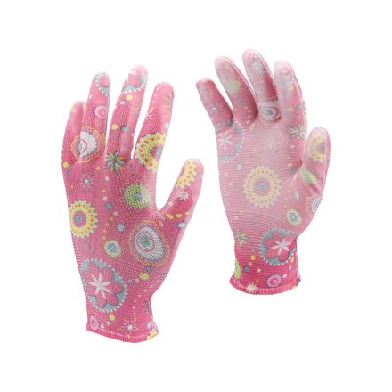 FLO 74132 Kertészkesztyű Rózsaszín Mintával 9-Es, Pu Bevonattal.