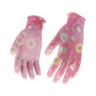 FLO 74132 Kertészkesztyű Rózsaszín Mintával 9-Es, Pu Bevonattal.