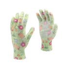 FLO 74134 Kertészkesztyű Zöld Virágmintával 9-Es, Pu Bevonattal.