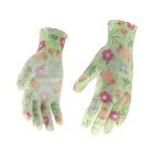 FLO 74134 Kertészkesztyű Zöld Virágmintával 9-Es, Pu Bevonattal.