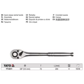 YATO YT-0311 Racsnis hajtószár 3/8" 200 mm 72T CrV