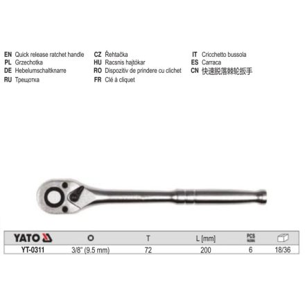 YATO YT-0311 Racsnis hajtószár 3/8" 200 mm 72T CrV