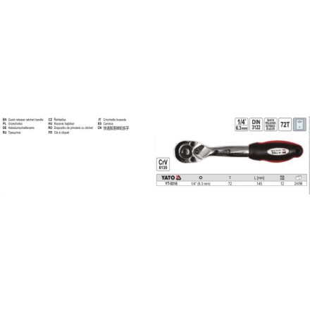 YATO YT-0316 Racsnis hajtószár 1/4" 145 mm 72T hajlított szár CrV
