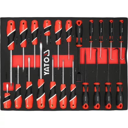 YATO YT-55496 Szivacs fiókbetét szerszámkocsihoz 22 részes (tömítéskiszedő, csavarhúzó, lapos, PH, torx)