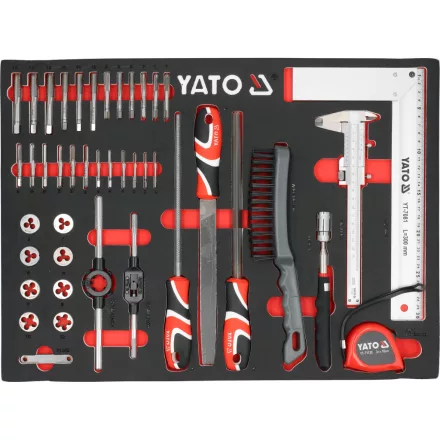 YATO YT-55498 Szivacs fiókbetét szerszámkocsihoz 43 részes (menetfúró, menetmetsző, reszelő, drótkefe, tolómérő, mérőszalag, derékszög)