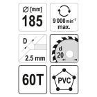 YATO YT-60627 Fűrésztárcsa PVC-hez 185 x 20 x 1,5 mm / 60T