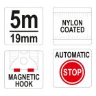 YATO YT-7105 Mérőszalag 5 m x 19 mm, mágneses, nylon bevonatú