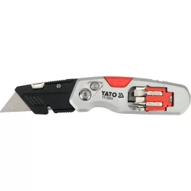   YATO YT-75210 Behajtható tarpézpengés kés övvágó / dobozbontó funkcióval +2 db pótpengével +2 db bitheggyel (1 db lapos 6mm, 1 db PH2)