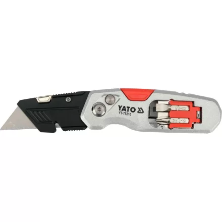 YATO YT-75210 Behajtható tarpézpengés kés övvágó / dobozbontó funkcióval +2 db pótpengével +2 db bitheggyel (1 db lapos 6mm, 1 db PH2)