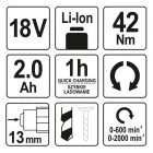 YATO YT-82794 Akkus fúrócsavarozó 42 Nm szénkefe nélküli 18 V Li-Ion (1 x 2,0 Ah akku + töltő)