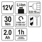 YATO YT-82901 Akkus fúrócsavarozó 30 Nm 12 V Li-Ion (1 x 2,0 Ah akku + töltő)
